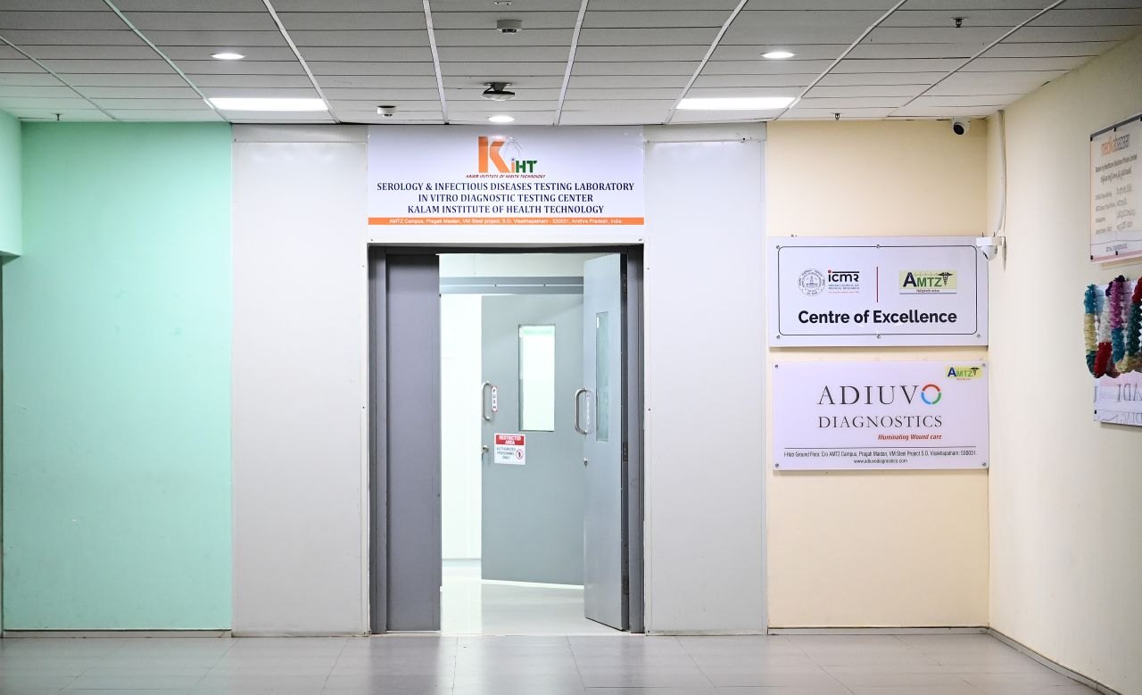 Entrance to the KIHT Serology & Infectious Diseases Testing Laboratory, with the ICMR–AMTZ Centre of Excellence sign